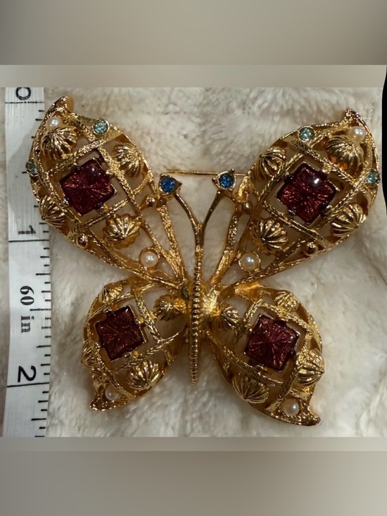 Avon Jewelry - Avon Gold Tone Butterfly Brooch with Red Green Blue Faux Pearl Accents